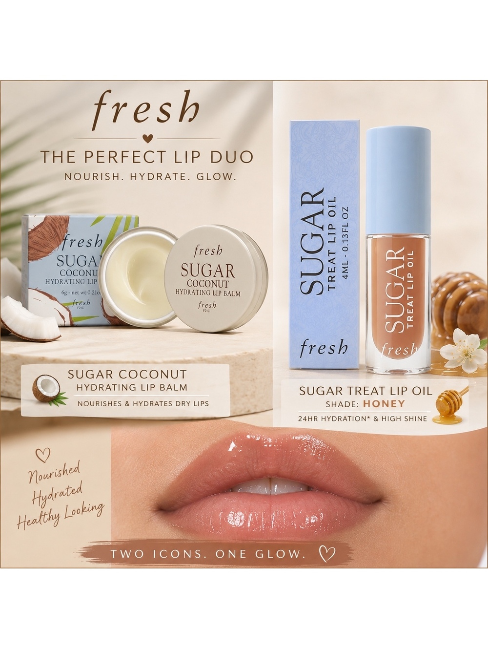 NEW Fresh Sugar Soft Lips Set • Coconut Lip Balm & Sugar Treat Lip Oil in Honey